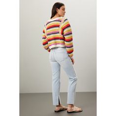 Multicolored knit (72% Cotton, 28% Polyamide). Crew neck. Long sleeves. Pull-on closure. 17.5" from shoulder to hemline. Imported. Spring Textured Knit Crew Neck Cardigan, Fine Knit Long Sleeve Sweater For Day Out, Fine Knit Sweater For Spring Day Out, Cropped Cotton Sweater For Spring, Chic Multicolor Sweater, Textured Cotton Sweater For Day Out, Cotton Textured Knit Sweater For Day Out, Multicolor Cropped Sweater For Spring, Textured Knit Cotton Sweater For Day Out