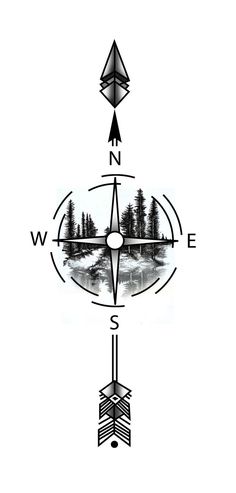 a black and white drawing of a compass with pine trees in the distance on it