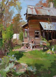 an oil painting of a woman sitting on a bench in front of a log cabin