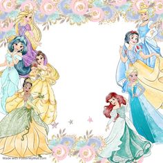 the disney princesses are all lined up in their dresses and tiara outfits, with flowers around them