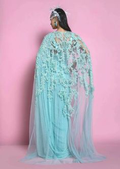 Atlantis Cape Sari Set (Blue) Net Sari, Saree Net, Criss Cross Blouse, Silk Cape, Net Blouse, Open Blouse, Blouse Silk, Embroidered Border, Net Saree