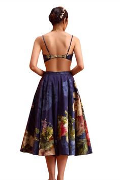 Blue viscose satin skirt with floral print. Paired with a matching floral print bustier. - Aza Fashions Women Skirt, Printed Skirt, Satin Color, Skirt Sets, Satin Skirt, Skirt Pattern, Set For Women, Printed Skirts, Aza Fashion