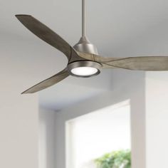 a ceiling fan in a room with white walls