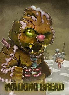 the walking bread character is depicted in this digital art style poster, which features an image of a creature with green eyes