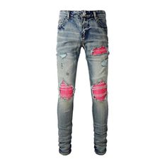 Unleash your inner vibe maverick with our Y2K-inspired pink pieced-together knees men's jeans from the 2023 Spring-Summer Collection! These distressed, skinny mid-waist jeans feature a zipper and button closure, plus stretchy fabric for a look that's timelessly cool and endlessly leisurely.Why You'll Love Them Retro Vibe: Oozing with nostalgic Y2K style, these jeans are the perfect way to bring a touch of vintage-chic to any outfit. Distinctive Distress: Showcasing a unique patchwork of distress Bandana Jeans, Pink Patchwork, Mid Waist Jeans, Dockers Pants, Stretch Denim Pants, Biker Jeans, Blue Streetwear, Street Style Trends, Patched Jeans