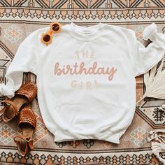 Looking for a cute sweatshirt for your kids? We have the perfect The Birthday Girl graphic sweatshirt addition to their closet! Also available in toddler sweatshirts. Kids Birthday Shirts, Ootd Ideas, Birthday Girl Shirt, Birthday Themes, Birthday Tshirts, Cute Sweatshirts, Girl Shirt, Toddler Tees, Girl Sweatshirts