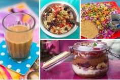 there are four pictures with different foods and drinks in them, including cereals, puddings, coffee