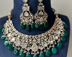 Gorgeous Antique Gold Polki Necklace Set With Beautiful Earrings Tikka /indian Jewelry/ High Quality/bollywood Jewelry/green - Etsy Green Chandbali Bridal Necklace For Eid, Elegant Green Jhumkas With Zari Work, Green Jewelry With Zari Work For Eid, Heavy Green Bridal Necklace For Festive Occasions, Diwali Green Bridal Necklace With Zari Work, Green Chandbali Bridal Necklace With Intricate Design, Green Bollywood Tikka With Intricate Design, Green Kundan Bridal Necklace With Intricate Design, Festive Green Bridal Necklace With Intricate Design