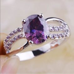 Oval Amethyst Center Stone 3 Way Split Shank - 2 Rows Of Purple Stones In The Split Band Firm Price/No Trades Engagement Ring Color, Silver Engagement Ring, Silver Engagement Rings, Purple Stones, Split Shank, Womens Jewelry Rings, Heart Ring, Engagement Ring, Split