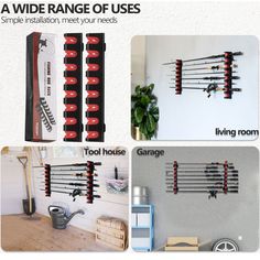 four different types of skis hanging on the wall and below them are pictures of various tools