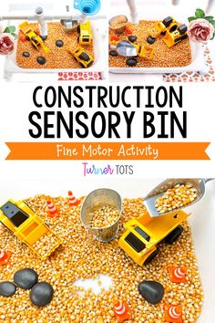 construction themed fine motor activity bin for toddlers to play with and learn how to use it