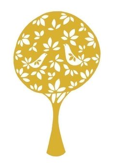 a yellow tree with two birds on it