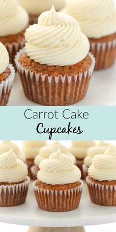 carrot cake cupcakes with cream cheese frosting on top and the words carrot cake cupcakes above them