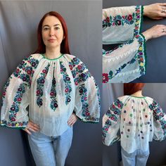 Amazing Romanian vintage blouse!  So beautiful and stunning!  So vibrant colours Tulle fabric Good vintage condition! Universal size Will suit to and S and M and L size Floral Embroidered Tunic Top For Festival, Bohemian Embroidered Fabric For Spring, Traditional Festive Tops With Embroidered Sleeves, Traditional Tops With Embroidered Sleeves For Festive Season, Folk Style Peasant Tunic Top With Floral Embroidery, Folk Style Peasant Top With Floral Embroidery, Green Long Sleeve Tops With Resham Embroidery, Green Tops With Resham Embroidery For Spring, Festive Bohemian Floral Embroidered Top