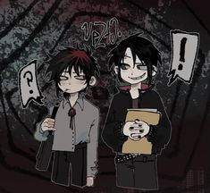 two anime characters standing next to each other in front of a black and white background