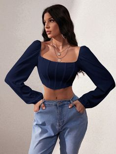 Navy Blue Casual Collar Long Sleeve Fabric Plain  Embellished Slight Stretch Spring/Summer Women Clothing Crop Top With Jeans, Asymmetrical Blouse, Concert Outfits, Crop Top Tees, Square Neck Top, Crop Top Outfits, Ribbed Knit Top, Cropped Tops, Neck Crop Top