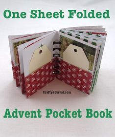 an open pocket book with the words one sheet folded on it and two pictures inside