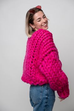 Pink Knit Sweater For Winter, Pink Knitted Sweater For Winter, Pink Knitted Sweater For Fall, Hand Knitted Pink Sweater For Fall, Pink Chunky Knit Outerwear For Winter, Knitted Pink Sweater For Fall, Pink Knitted Pattern For Fall, Pink Hand Knitted Outerwear For Fall, Pink Chunky Knit Cropped Sweater For Fall