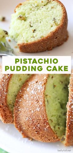 a close up of a piece of cake on a plate with the words pistachio pudding