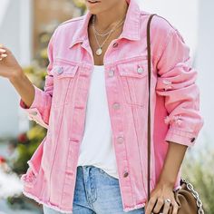 Brand New Item Small 4-6 M 8-10 L 12-14 Xl 16-18 Oversized Fit How To Style Pink Denim Jacket, Spring Day Out Shacket With Pockets, Trendy Spring Shacket With Relaxed Fit, Spring Shacket With Pockets For Day Out, Oversized Button-up Outerwear With Frayed Hem, Oversized Outerwear With Frayed Hem And Long Sleeves, Chic Cotton Outerwear With Frayed Hem, Oversized Cotton Outerwear For Day Out, Winter Long Sleeve Distressed Outerwear