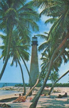 a man laying on the beach under palm trees next to a light house and ocean