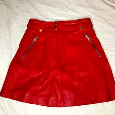 Ntw!! Real Leather Skirt Beautiful Red Color, Great To Dress Up Or Down Scrub Skirts, Black Striped Skirt, Mango Skirts, Pleated Flare Skirt, Hollister Skirt, Black Lace Prom Dress, Gothic Skirt, Pinup Couture, Orange Skirt