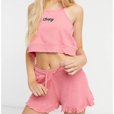 Threadbare Pajama Loungewear Set Racer Back Top Frilled And Lettuce-Edge For Extra Cuteness Embroidered "Sleepy" Slogan Breathable, Stretchy, Comfy And Sweet Frilly Crop Top, Trim Top, Crop Top And Shorts, Loungewear Set, Tank Top Cami, Vest Top, Racer Back, Shorts Set, Pink Fashion