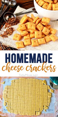 homemade cheese crackers on a baking sheet and in a bowl