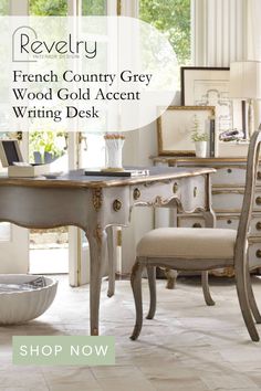 french country grey wood gold accent writing desk for sale at revelry furniture and home decor