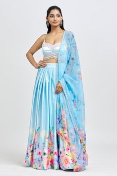 Ice blue floral print attached cancan lehenga. Paired with a hand embroidered padded blouse and matching embellished dupatta. - Aza Fashions Blue Floral Print Wedding Sets, Cancan Lehenga, Padded Blouse, Blue Floral Print, Set Women, Ice Blue, Aza Fashion, Blue Floral, Lehenga