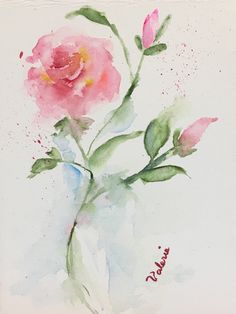 a watercolor painting of pink roses in a vase