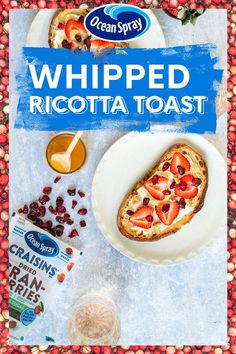 the cover of whipped ricotta toast with berries and yogurt next to it