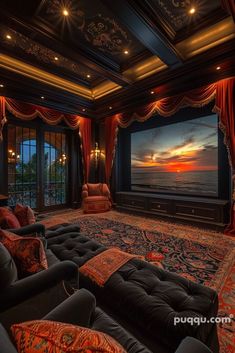 a large living room with couches and a flat screen tv on the wall in it