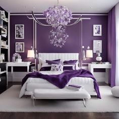 a bedroom with purple and white decor on the walls, furniture and decorations around the bed