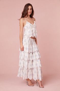 Lace Maxi Skirt With Ruffles And Tiered Design, Luxury Romantic Tiered Maxi Skirt, Spring Lace Trim Tiered Maxi Skirt, Luxury Tiered Ruffle Maxi Skirt, Flowy Tiered Lace Maxi Skirt, Wedding Guest Outfit Inspiration, Blue Floral Skirt, Tiered Maxi Skirt, Womens Maxi Skirts