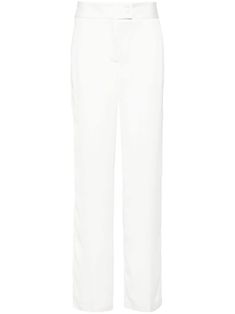 white satin finish concealed front button, hook and zip fastening crystal-embellished button two side inset pockets dart detailing rear welt pocket unlined straight leg White Pants With Pressed Crease For Work, White Pressed Crease Pants For Work, Elegant Pants With Button Closure And Straight Hem, White Straight Leg Bottoms With Pressed Crease, Chic White Straight Bottoms, White Straight Bottoms For Workwear, Formal White Pants With Button Closure, Luxury White Straight Pants, White Straight Leg Pants With Button Closure