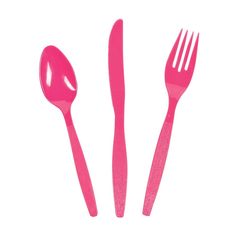 three pink plastic utensils are shown with one fork and the other is empty