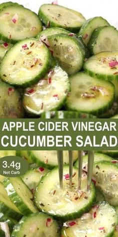 a pile of cucumber slices being held up by tongs with the text apple cider vinegar cucumber salad