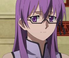 an anime character with purple hair and glasses