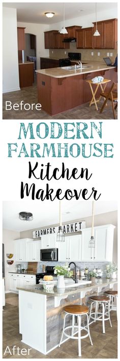 the before and after pictures of a modern farmhouse kitchen makeover