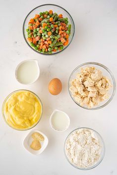 the ingredients for this meal include eggs, carrots, peas, and other things