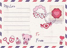 a valentine's day postcard with an envelope and teddy bear