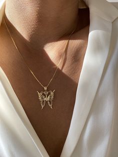 "\"What if I fall? ....Oh but my darling, what if you fly?\" Give her the gift of wings with this beautiful butterfly necklace. DETAILS - 14k yellow gold butterfly - Both pendant and chain are 14k gold - Approximately 13/16\" wide x 1\" tall (including bail) VARIATIONS If you require any variation of this style (a different style chain, longer chain, etc.) feel free to message us. We will do our best to accommodate you. Additional costs may apply depending on the variation. POLICY We do accept returns on this item minus a $25 restocking fee. Return shipping is the responsibility of the buyer. Any expedited shipping will not be refunded. If you have any questions, concerns, or are unsatisfied in any way with your order, feel free to message us and we will do our best to work with you." 14k Yellow Gold Butterfly Pendant Necklace, 14k Yellow Gold Necklace With Butterfly Charm, 14k Gold Pendant Necklace With Butterfly Charm, 14k Gold Butterfly Jewelry For Formal Occasions, Elegant 14k Gold Butterfly Pendant Necklace, Formal 14k Gold Butterfly Jewelry, Fine Jewelry Yellow Gold Butterfly Necklace Gift, 14k Gold Butterfly Jewelry For Gifts, 14k Gold Butterfly Pendant Necklace