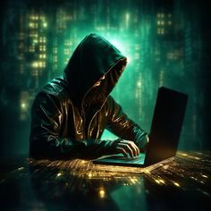 a hooded man sitting at a table with a laptop in front of him and glowing lights behind him