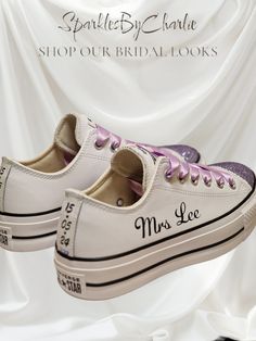 These leather platform Converse wedding shoes will make sure you stand tall and dance comfortably all night long! They come with your date on the heel and your name on each side, along with your choice of coloured double-faced ribbon and crystals on the toes. You can even add your initials to the tongue like in the picture!  Please let us know the following details when you add your personalisation:  - The colour of your crystals  - The colour of your laces  - The colour of your writing  All sho Platform Converse Wedding, Leather Platform Converse, Chunky Converse, Wedding Converse Shoes, Converse Wedding, Wedding Shoes For Bride, Converse Wedding Shoes, Shoes For Bride, Converse Platform