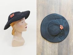 "1940s black straw coaster hat ~Black straw hat ~Inner cap ~Reddish pink velvet flowers and large grosgrain bow accent *Will need hat pins Brand: none Condition: Excellent. Faint makeup marks inside. Brim meets crown with a raw edge(may have had a ribbon band at some point) Size: Fits like a modern XS/Small *please consult measurements to ensure fit Measurements Inside circumference: 21\" Brim width: 3.5\" Message us with any questions! Sarah Vogt" Black Straw Hat, Boater Hat, Velvet Flowers, Vintage 40s, Hair Clothes, Hat Pins, Pink Velvet, Summer Hats, Hats Vintage