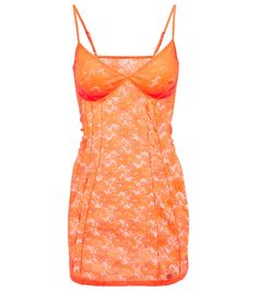 Balenciaga looks to lingerie to create this alluring orange minidress. Made from semi-sheer floral lace, it has a fitted silhouette that's framed with adjustable shoulder straps and features contoured cups and a BB logo accent. Feminine Mini Dress With Contrast Lace For Party, Summer Lace Dress With Lace Closure For Date Night, Party Mini Dress With Contrast Lace, Lace Top Mini Dress For Date Night, Chic Lace Mini Dress For Daywear, Spring Mini Dress With Delicate Lace For Daywear, Fitted Lace Dress For Summer, Chic Mini Length Lace Dress For Daywear, Bodycon Mini Dresses With Lace Patchwork