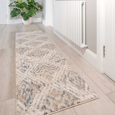 a large rug on the floor next to a radiator and a plant in a vase