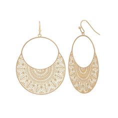 Add the finishing touch to any outfit with these Gold Tone Boho Filigree Drop Earrings from Time & Tru. These stylish earrings are perfect for any occasion. They can be paired with your favorite daytime outfit and can carry you easily into any night time fun. These earrings feature beautiful Gold Tone Plating, are Hypo-Allergenic for Sensitive Ears and a Classic Everyday Styling. They would make a great addition to any jewelry collection. The Time and True Brand is sold exclusively at Walmart Size: one size.  Gender: female.  Age Group: adult. Thick Hoop Earrings, Metal Drop, Filigree Pattern, Stylish Earrings, Hoop Earring Sets, Stylish Earring, Drop Earring, Stud Earrings Set, Pearl Stud Earrings