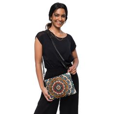 Stylish Mandal Pattern Crossbody Bag Looking for a stylish and functional crossbody bag? Look no further than our versatile crossbody bag, featuring a unique mandal pattern and made of premium faux leather. The bag measures 11″ × 8″ × 1.5″ and is designed with a zip-top closure and multiple inside pockets to keep your essentials secure and organized. But what sets this bag apart is its removable wrist and shoulder straps, allowing you to transform it for day-to-night looks. The dark gray hardwar Travel Clutch With Mobile Phone Bag In Tote Shape, Travel Coin Purse Pouch, Elegant Multicolor Bags For On-the-go, Crossbody Bag With Removable Pouch, Clutch Bag With Removable Pouch, Elegant Multicolor Shoulder Bag With Phone Pocket, Elegant Multicolor Versatile Bag, Shoulder Bag With Removable Pouch Shaped As Clutch, Elegant Multicolor Bag With Adjustable Strap